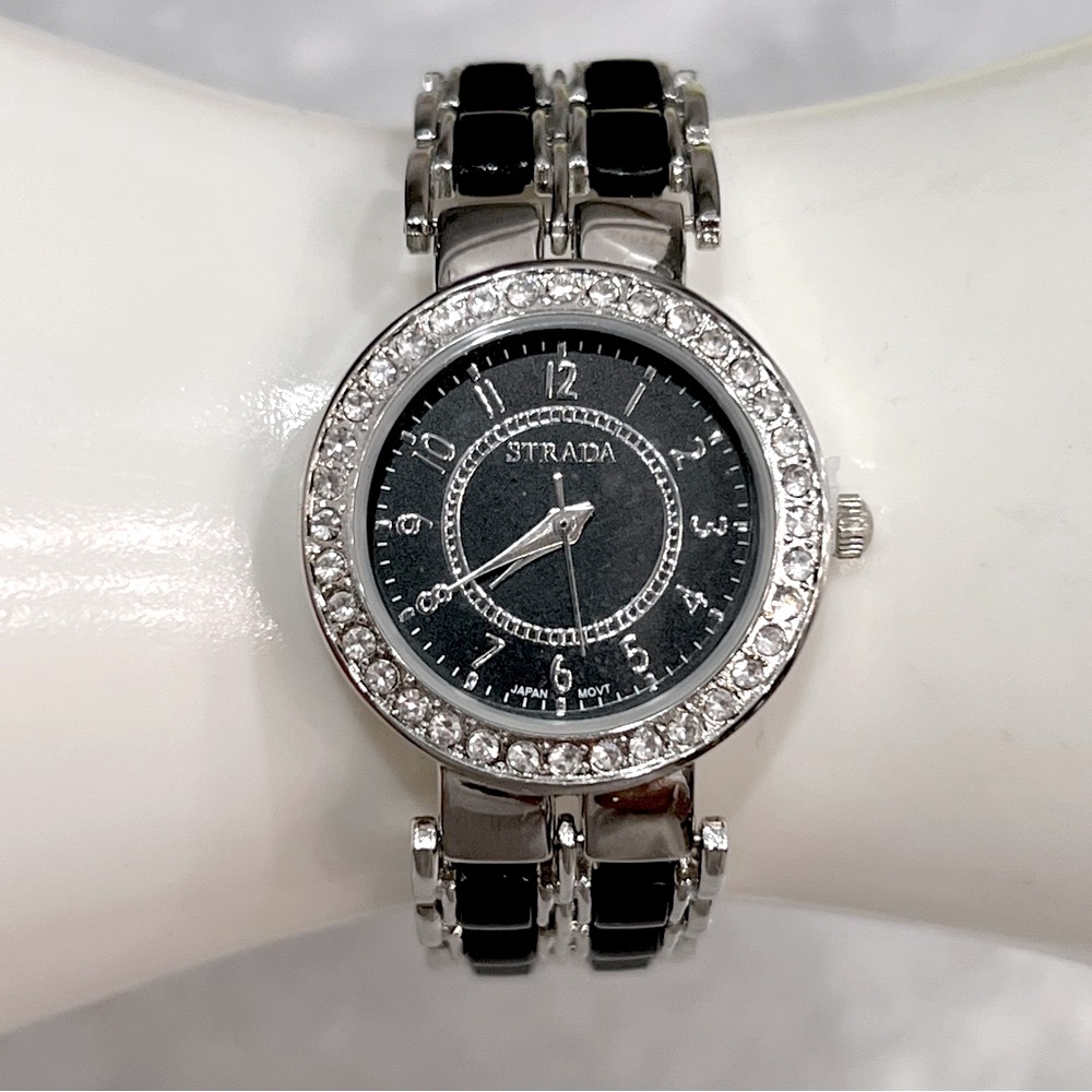 Austrian Crystal Black and Silvertone Bracelet Watch 7.75”